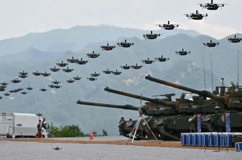 South Korea's military drones fly in formation during a joint military drill <br />with the US at Seungjin Fire Training Field in Pocheon on May 25, 2023