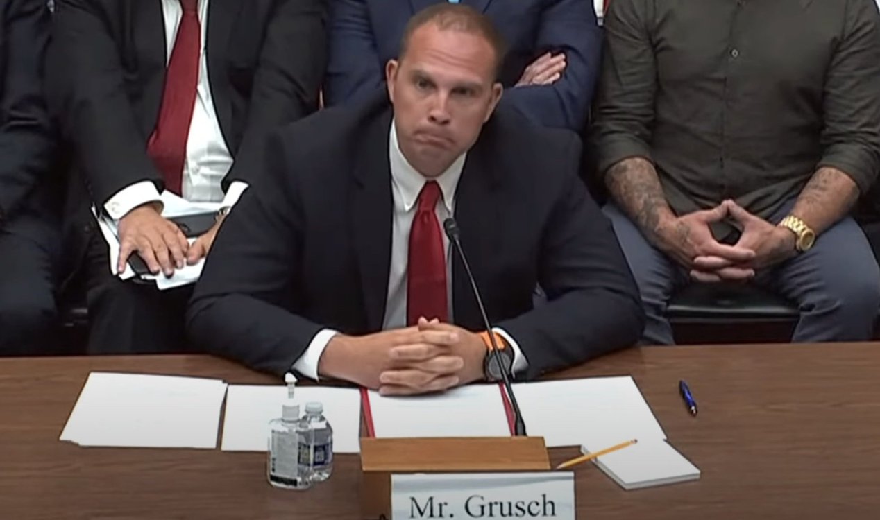Grusch speaking at the subcommittee hearing earlier this year